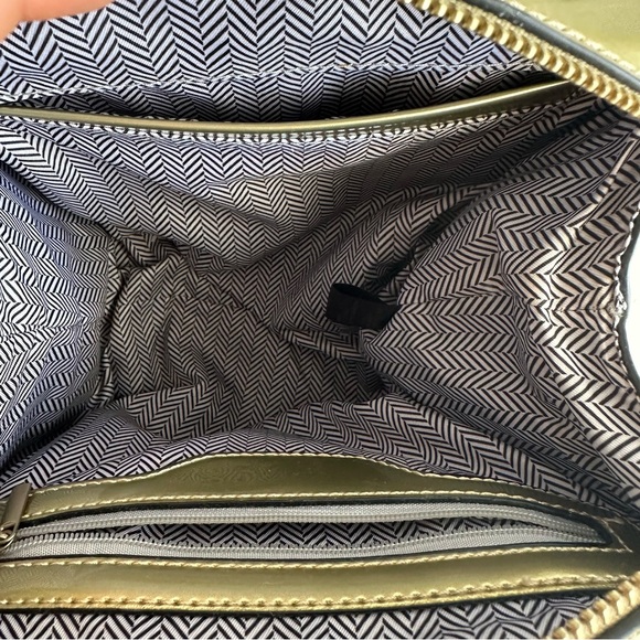 Vintage Faux Leather Patent Small Satchel Handbag w/ Crossbody Strap in Gold - Picture 8 of 11